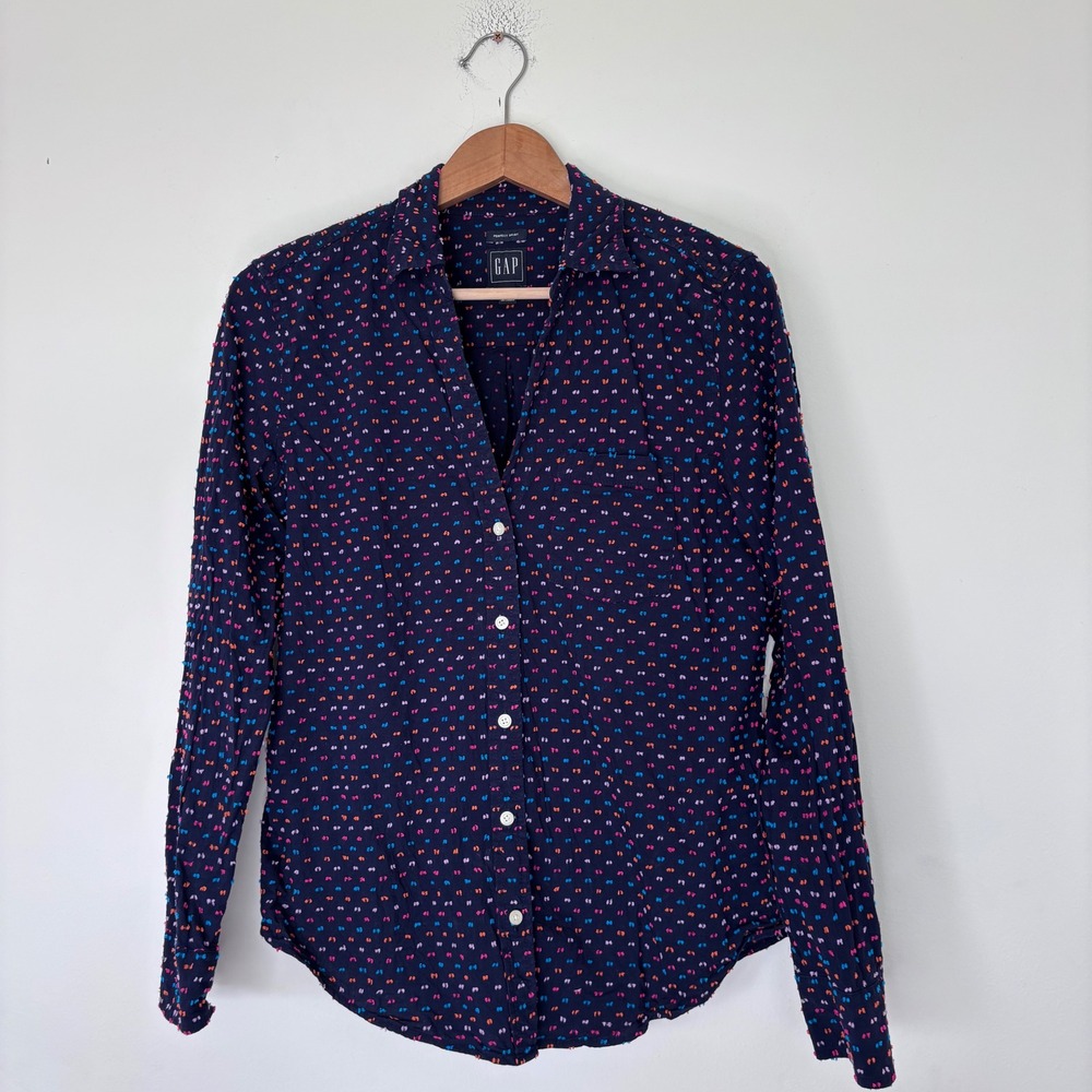 Gap Navy Blue Colorful Swiss dot Perfect Shirt Button Down Work Size Medium‎
